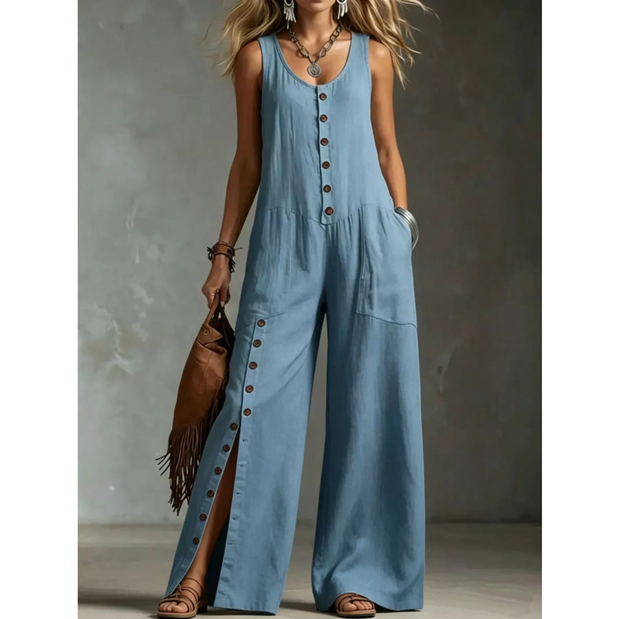 Full Size Sleeveless Button Front Wide Leg Jumpsuit Plus Size Blue / S Apparel and Accessories