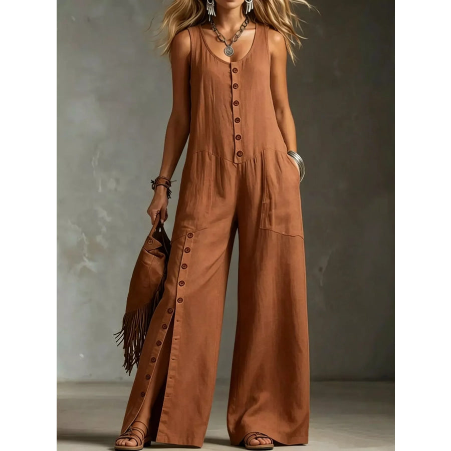 Full Size Sleeveless Button Front Wide Leg Jumpsuit Plus Size Caramel Color / S Apparel and Accessories