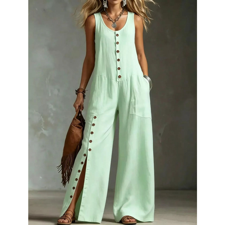 Full Size Sleeveless Button Front Wide Leg Jumpsuit Plus Size Green / S Apparel and Accessories