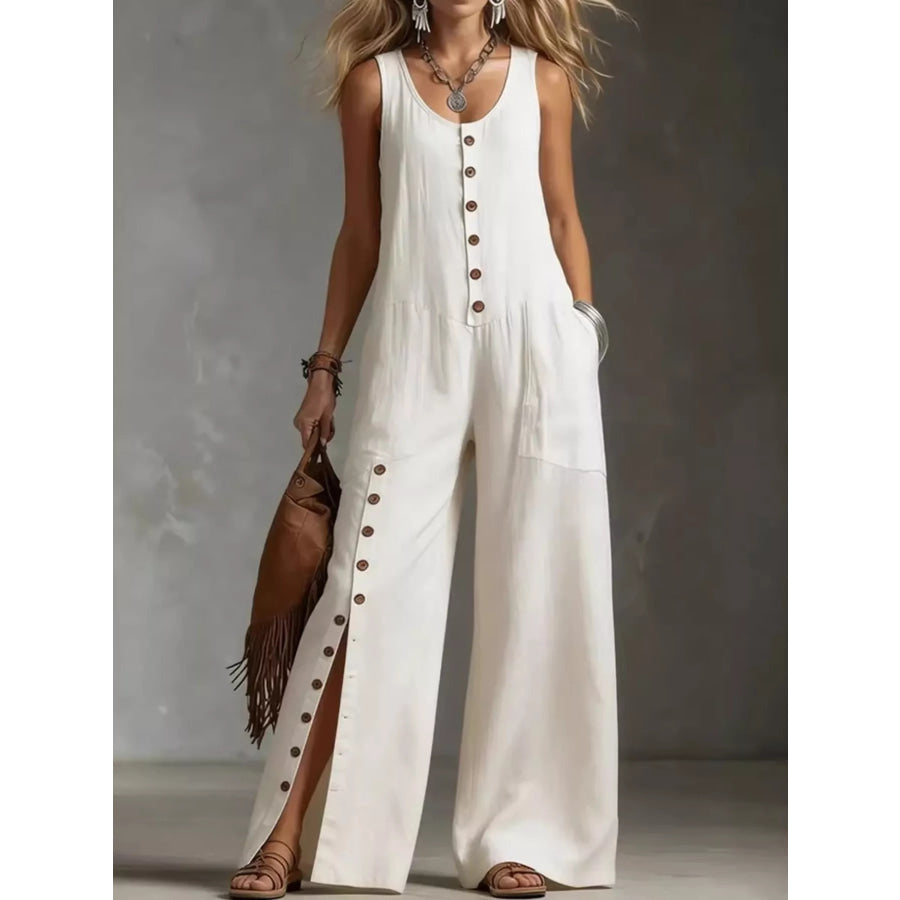 Full Size Sleeveless Button Front Wide Leg Jumpsuit Plus Size White / S Apparel and Accessories