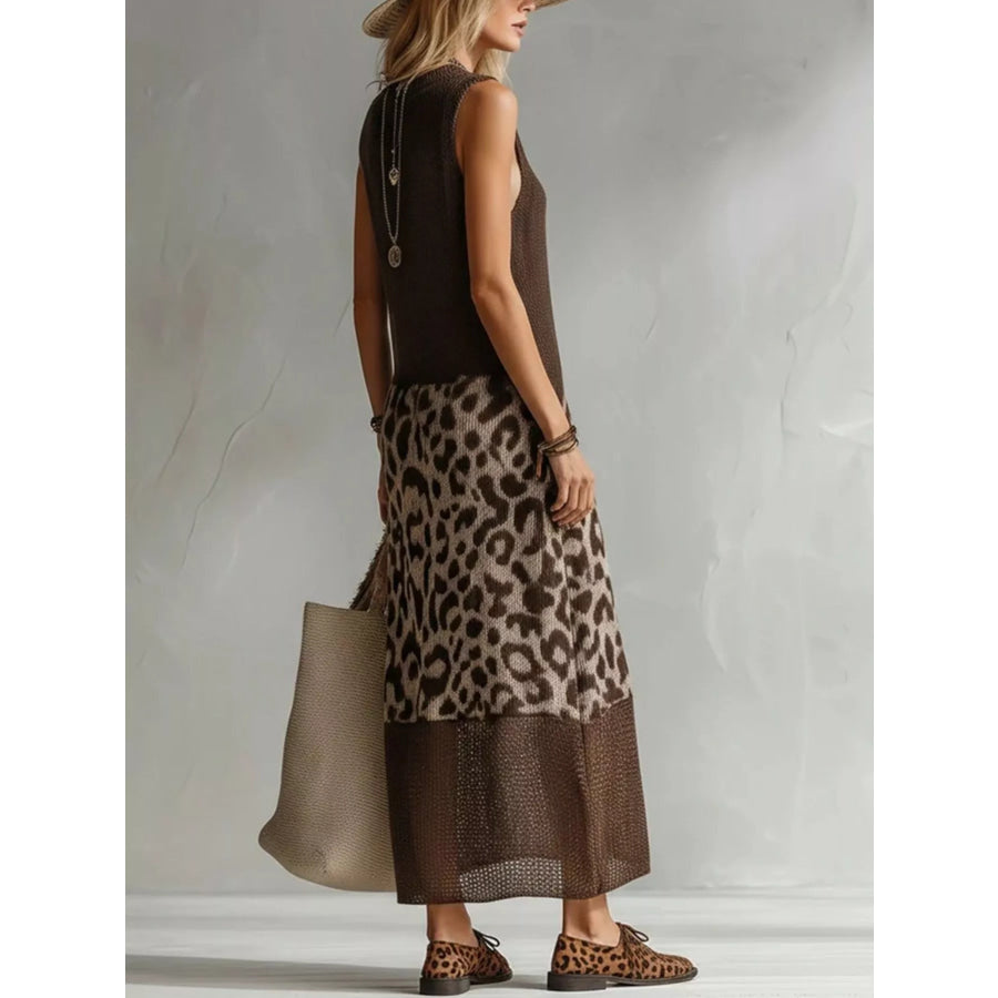 Full Size Sleeveless Color-Block Leopard Sweater Dress Plus Apparel and Accessories
