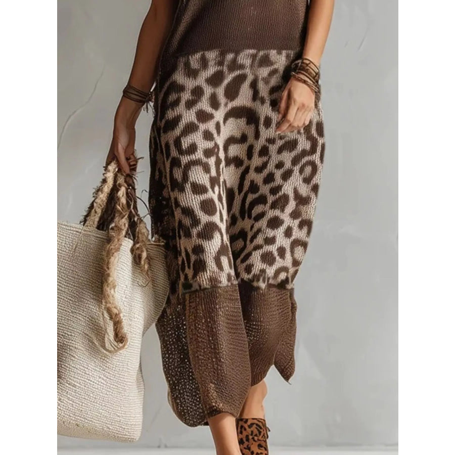 Full Size Sleeveless Color-Block Leopard Sweater Dress Plus Apparel and Accessories