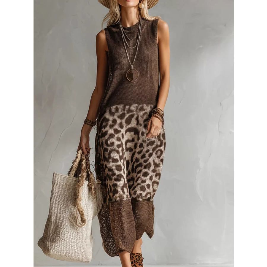 Full Size Sleeveless Color-Block Leopard Sweater Dress Plus Brown / S Apparel and Accessories