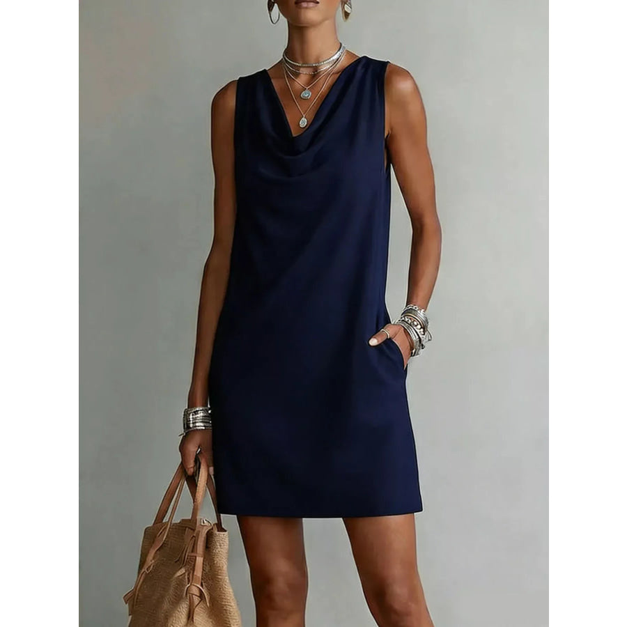 Full Size Sleeveless Cowl Neck Mini Dress Plus Size Navy Blue / S Apparel and Accessories