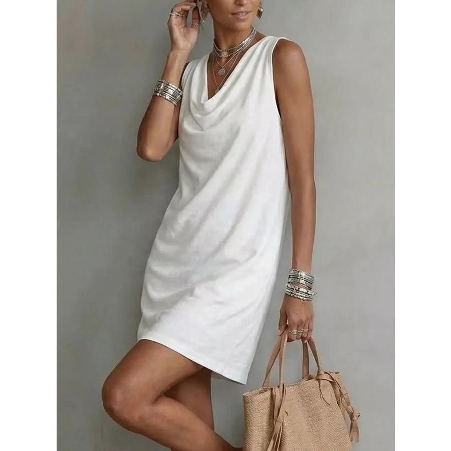 Full Size Sleeveless Cowl Neck Mini Dress Plus Size White / S Apparel and Accessories