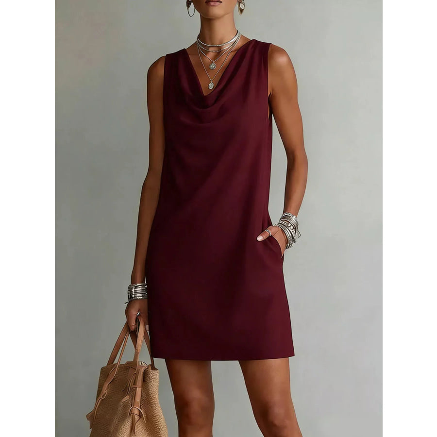 Full Size Sleeveless Cowl Neck Mini Dress Plus Size Wine Red / S Apparel and Accessories