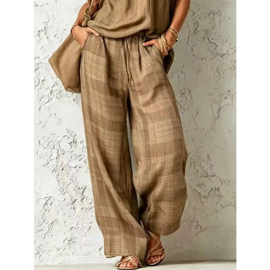 Full Size Sleeveless Cowl Neck Top and Plaid Wide-Leg Pant Two-Piece Set Plus Size Apparel and Accessories