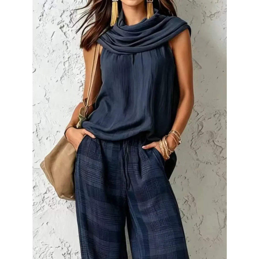 Full Size Sleeveless Cowl Neck Top and Plaid Wide-Leg Pant Two-Piece Set Plus Size Apparel and Accessories