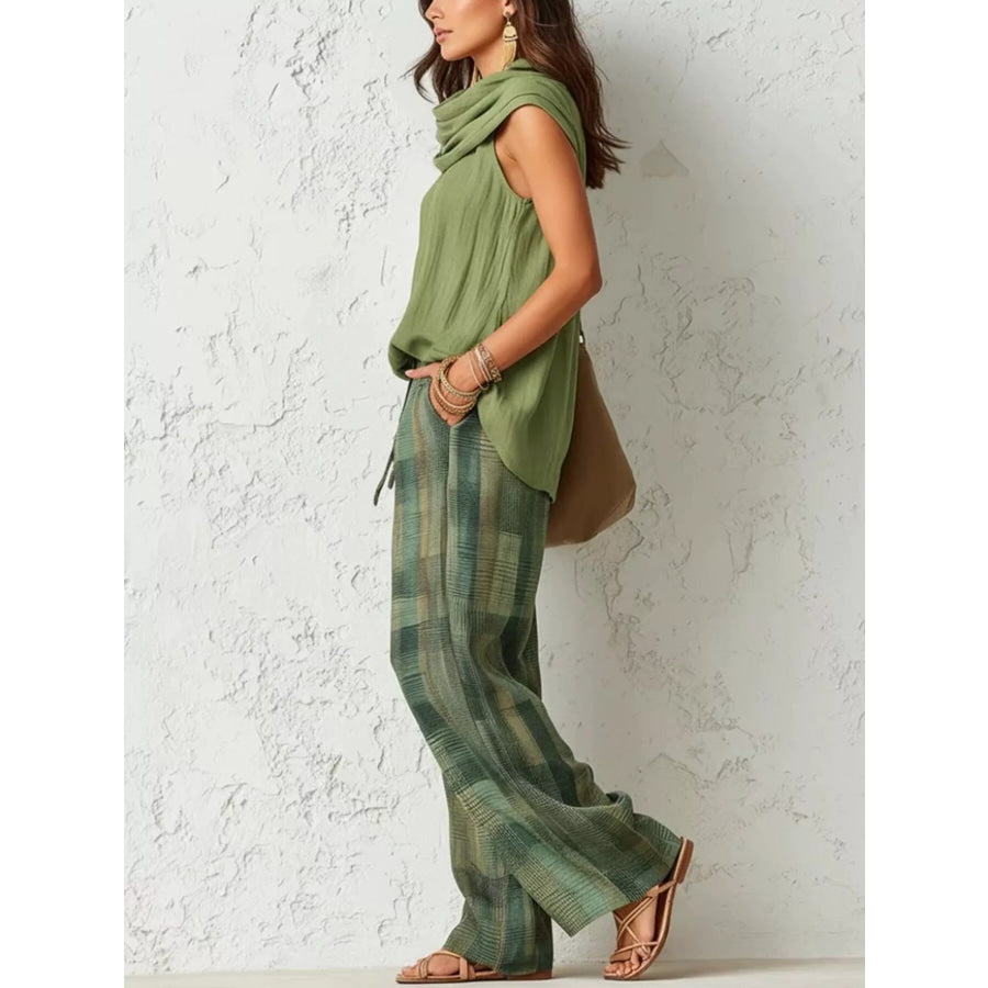 Full Size Sleeveless Cowl Neck Top and Plaid Wide-Leg Pant Two-Piece Set Plus Size Apparel and Accessories