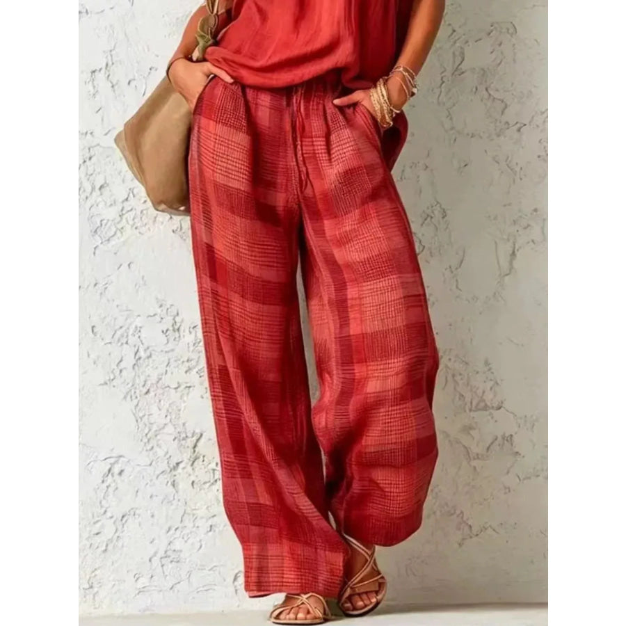 Full Size Sleeveless Cowl Neck Top and Plaid Wide-Leg Pant Two-Piece Set Plus Size Apparel and Accessories