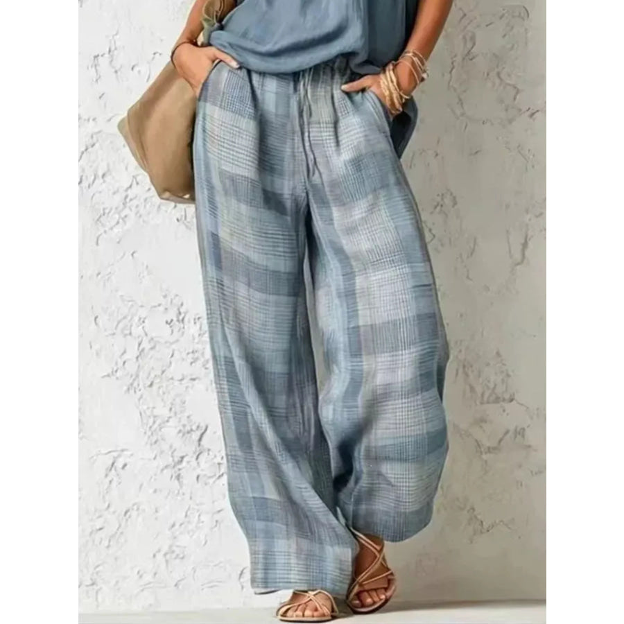 Full Size Sleeveless Cowl Neck Top and Plaid Wide-Leg Pant Two-Piece Set Plus Size Apparel and Accessories