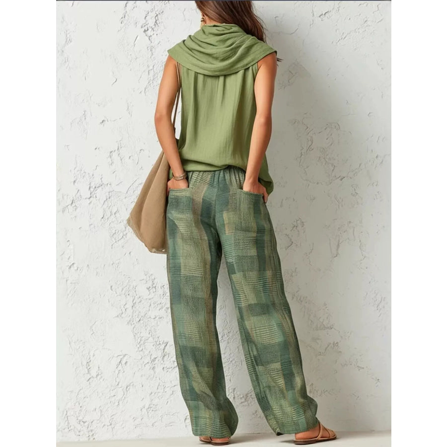 Full Size Sleeveless Cowl Neck Top and Plaid Wide-Leg Pant Two-Piece Set Plus Size Apparel and Accessories