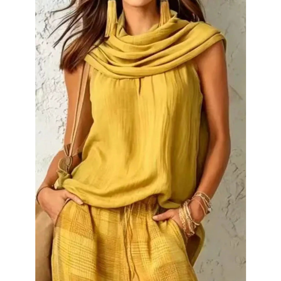 Full Size Sleeveless Cowl Neck Top and Plaid Wide-Leg Pant Two-Piece Set Plus Size Apparel and Accessories