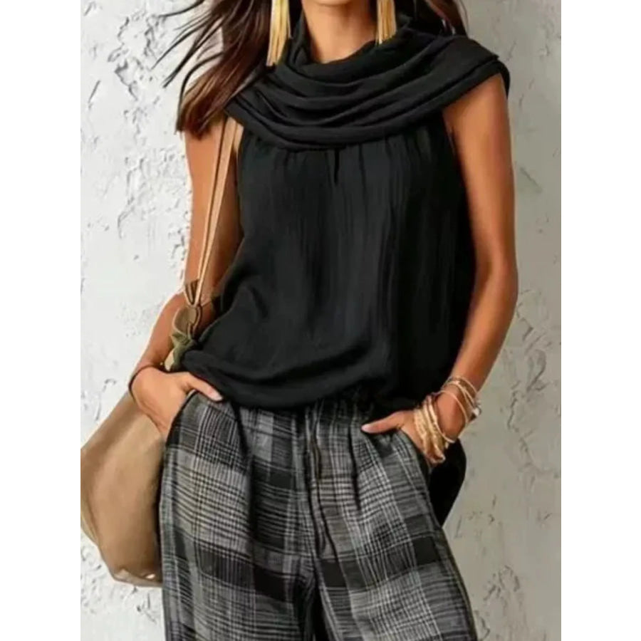 Full Size Sleeveless Cowl Neck Top and Plaid Wide-Leg Pant Two-Piece Set Plus Size Apparel and Accessories