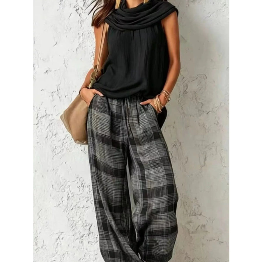 Full Size Sleeveless Cowl Neck Top and Plaid Wide-Leg Pant Two-Piece Set Plus Size Black / S Apparel and Accessories