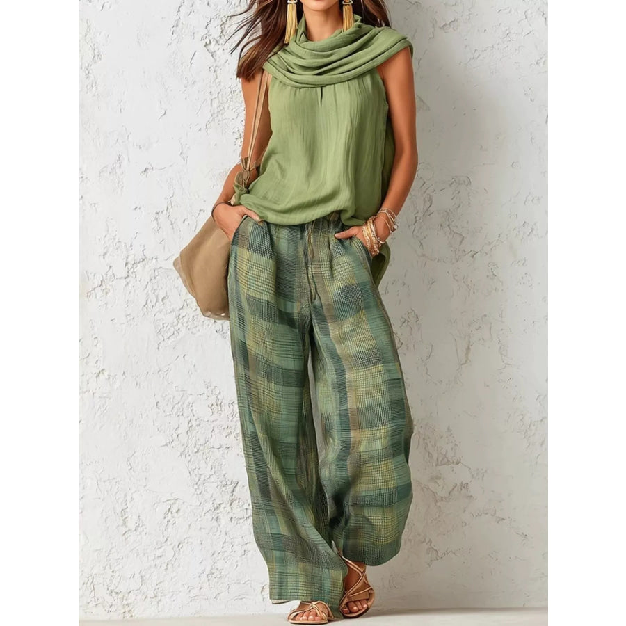 Full Size Sleeveless Cowl Neck Top and Plaid Wide-Leg Pant Two-Piece Set Plus Size Green / S Apparel and Accessories