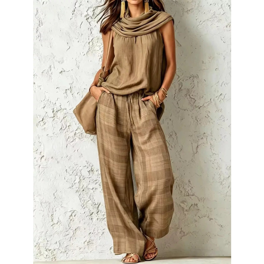 Full Size Sleeveless Cowl Neck Top and Plaid Wide-Leg Pant Two-Piece Set Plus Size Khaki / S Apparel and Accessories