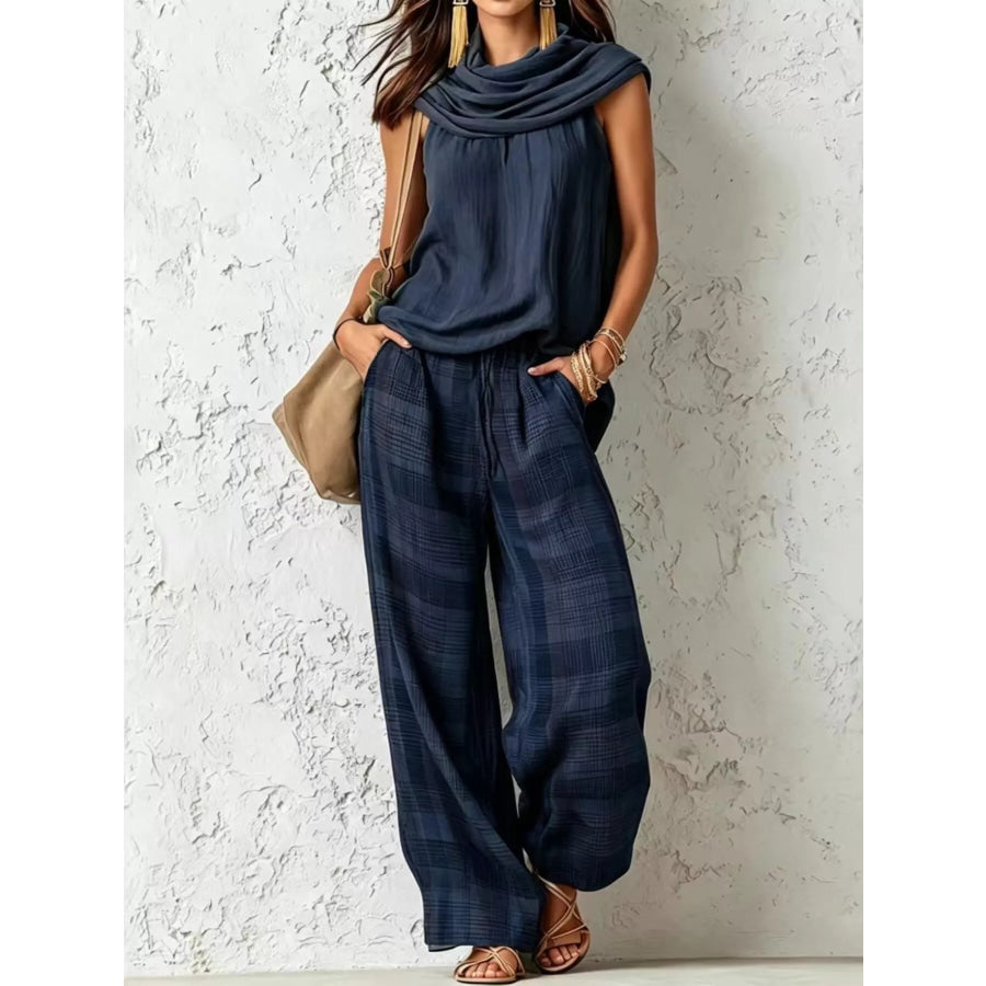 Full Size Sleeveless Cowl Neck Top and Plaid Wide-Leg Pant Two-Piece Set Plus Size Navy / S Apparel and Accessories