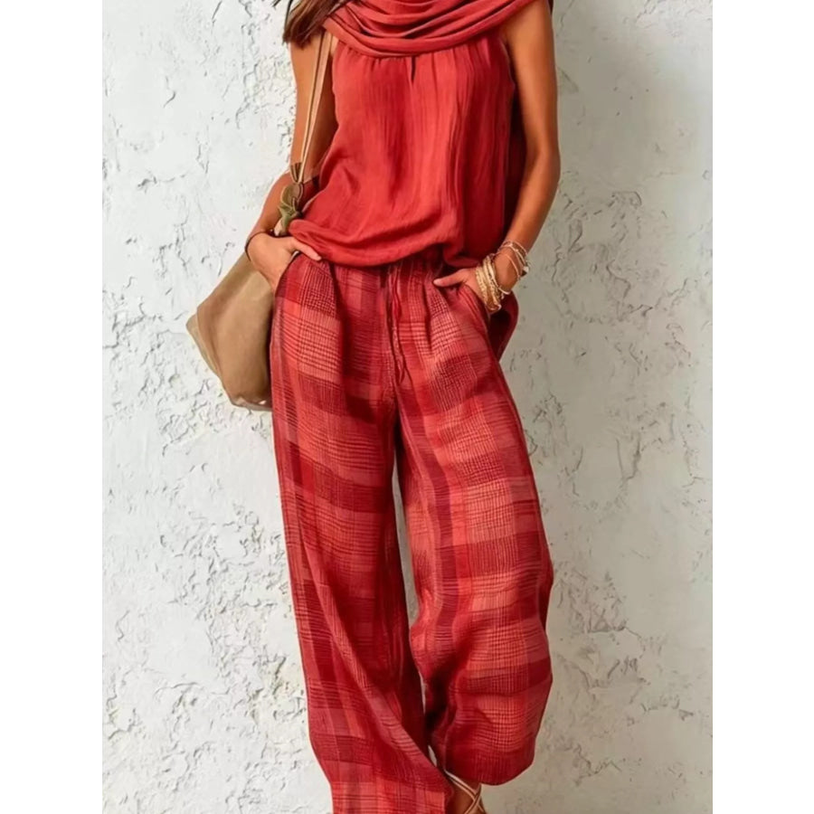 Full Size Sleeveless Cowl Neck Top and Plaid Wide-Leg Pant Two-Piece Set Plus Size Red / S Apparel and Accessories