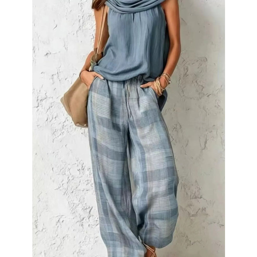 Full Size Sleeveless Cowl Neck Top and Plaid Wide-Leg Pant Two-Piece Set Plus Size Sky Blue / S Apparel and Accessories