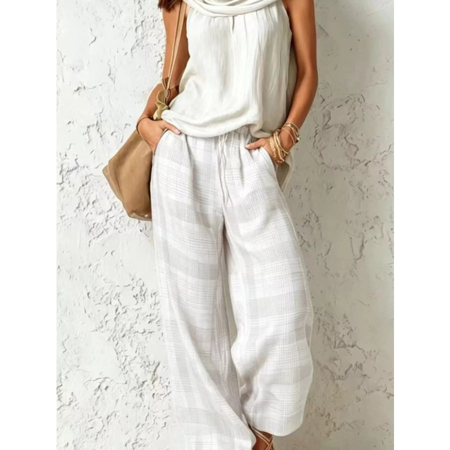 Full Size Sleeveless Cowl Neck Top and Plaid Wide-Leg Pant Two-Piece Set Plus Size White / S Apparel and Accessories