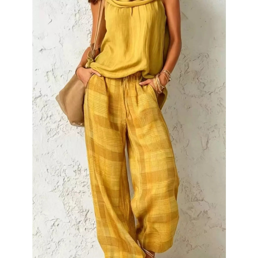 Full Size Sleeveless Cowl Neck Top and Plaid Wide-Leg Pant Two-Piece Set Plus Size Yellow / S Apparel and Accessories