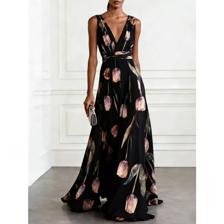 Full Size Sleeveless Floral Print Maxi Dress Plus Black / S Apparel and Accessories