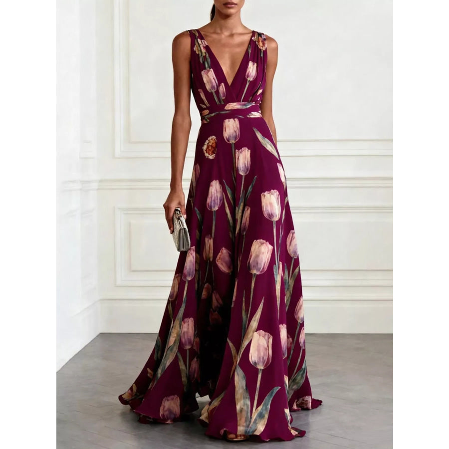 Full Size Sleeveless Floral Print Maxi Dress Plus Burgundy / S Apparel and Accessories