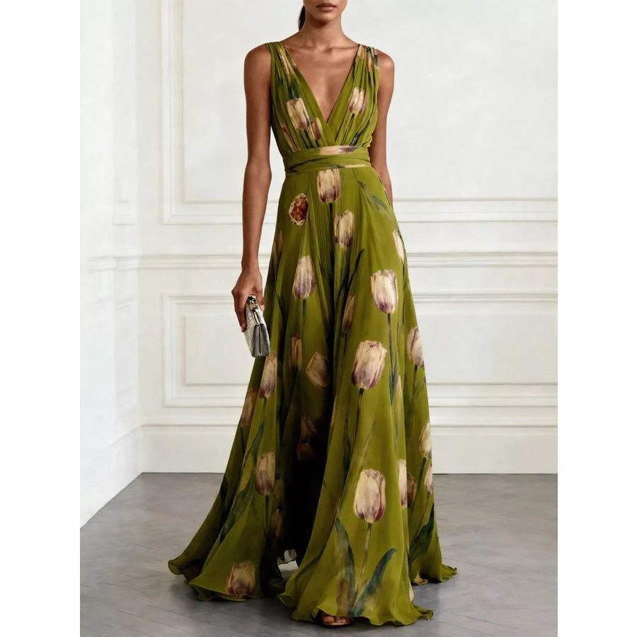 Full Size Sleeveless Floral Print Maxi Dress Plus Green / S Apparel and Accessories