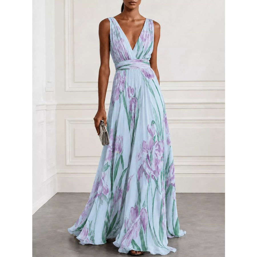 Full Size Sleeveless Floral Print Maxi Dress Plus Light Blue-XH / S Apparel and Accessories