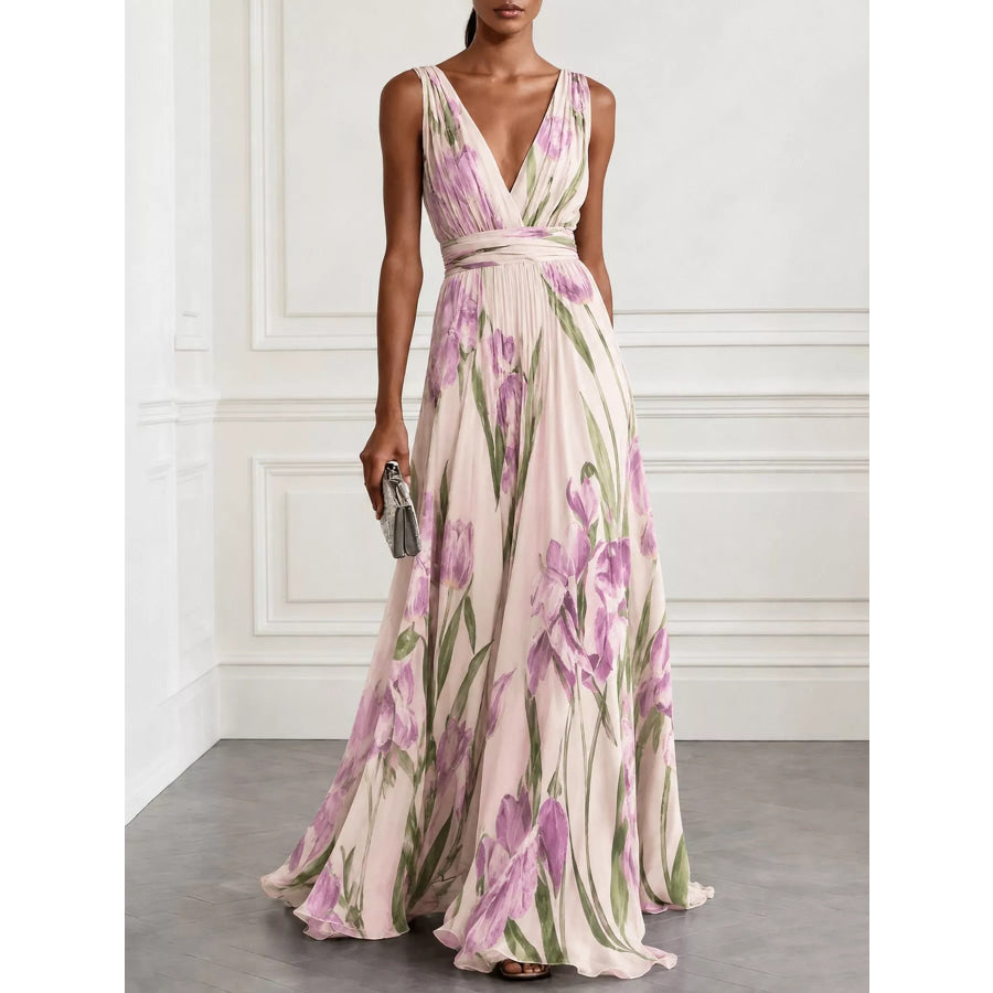 Full Size Sleeveless Floral Print Maxi Dress Plus Light Pink-XH / S Apparel and Accessories