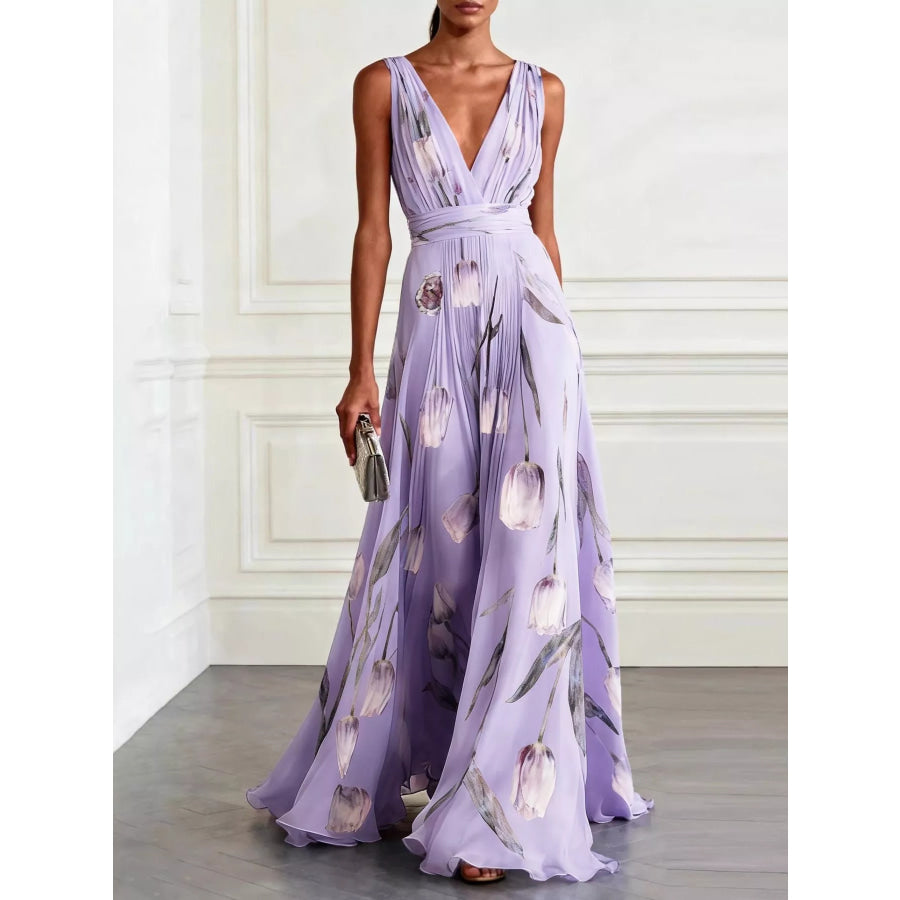 Full Size Sleeveless Floral Print Maxi Dress Plus Light Purple / S Apparel and Accessories
