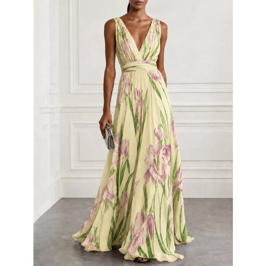 Full Size Sleeveless Floral Print Maxi Dress Plus Light Yellow-XH / S Apparel and Accessories