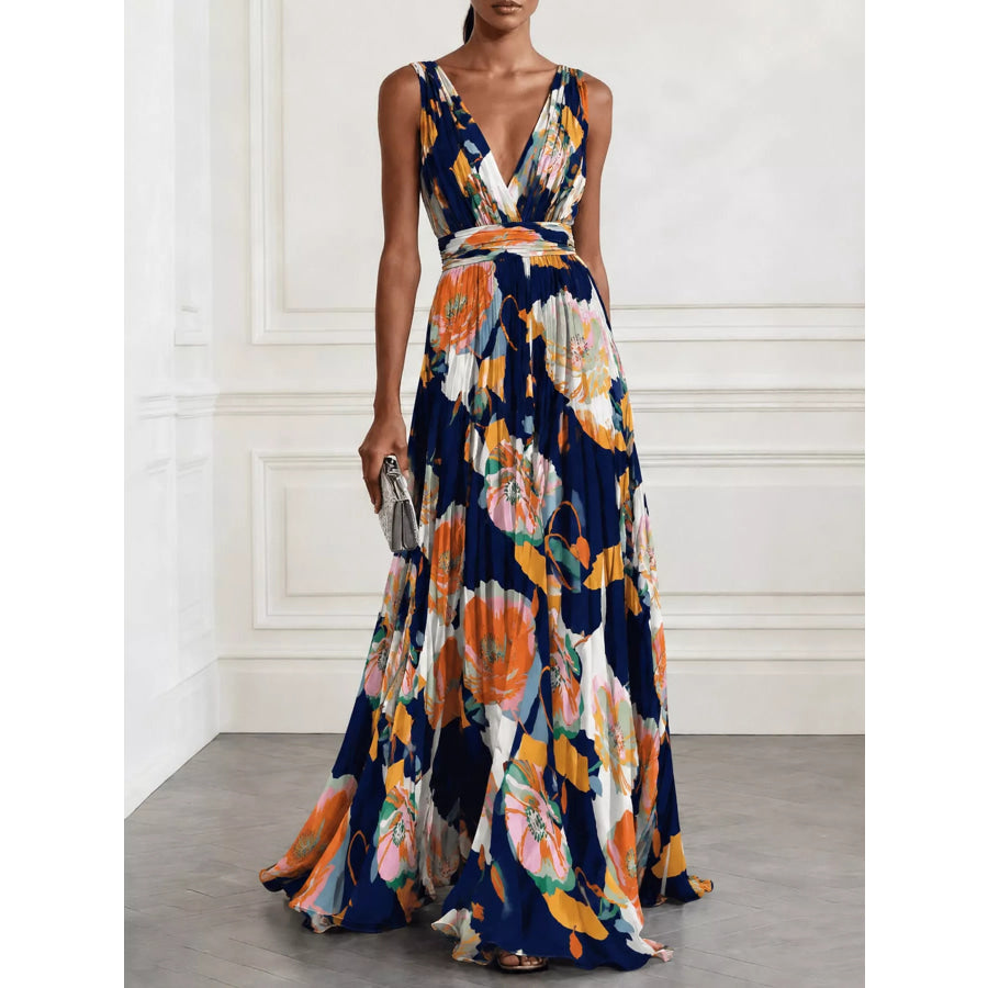 Full Size Sleeveless Floral Print Maxi Dress Plus Navy-XH / S Apparel and Accessories