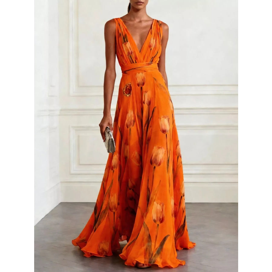Full Size Sleeveless Floral Print Maxi Dress Plus Orange / S Apparel and Accessories