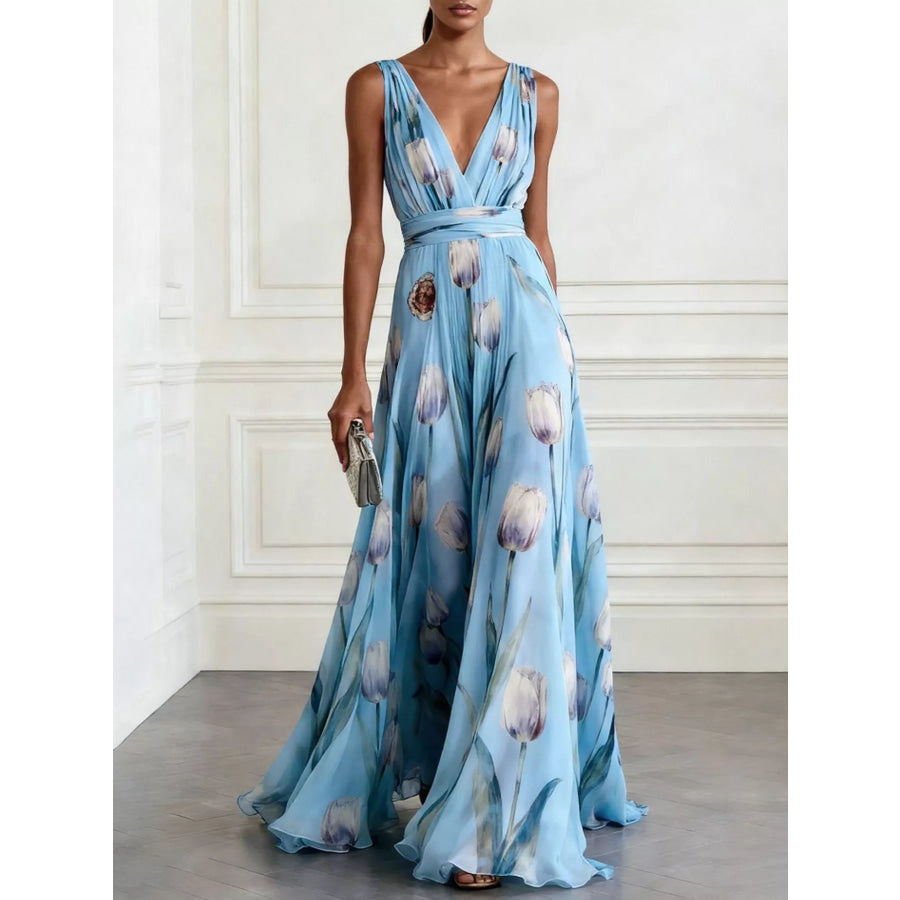 Full Size Sleeveless Floral Print Maxi Dress Plus Sky Blue / S Apparel and Accessories