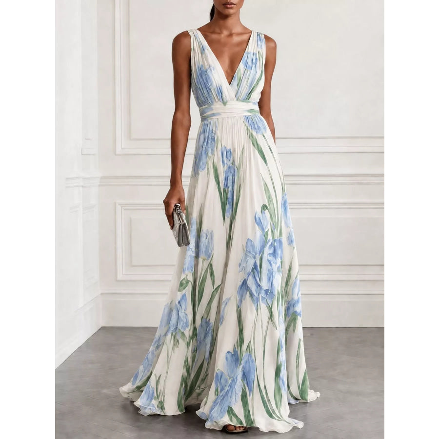 Full Size Sleeveless Floral Print Maxi Dress Plus White-XH / S Apparel and Accessories