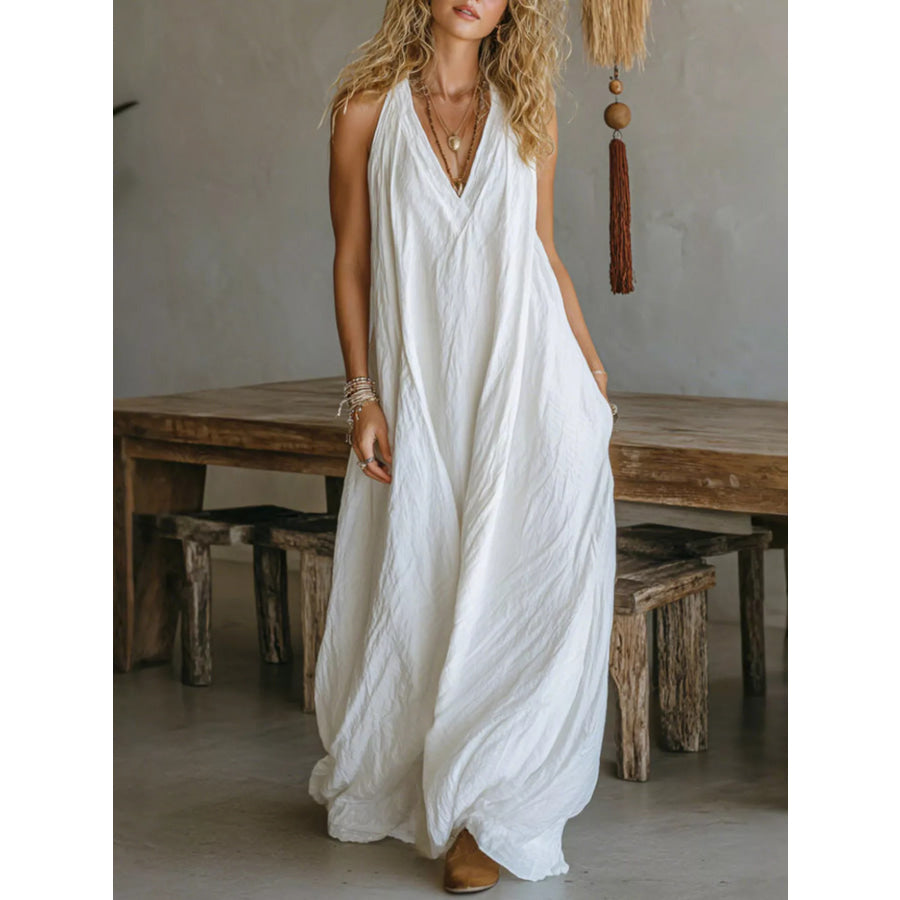Full Size Sleeveless Flowy Maxi Dress Plus Size White / S Apparel and Accessories