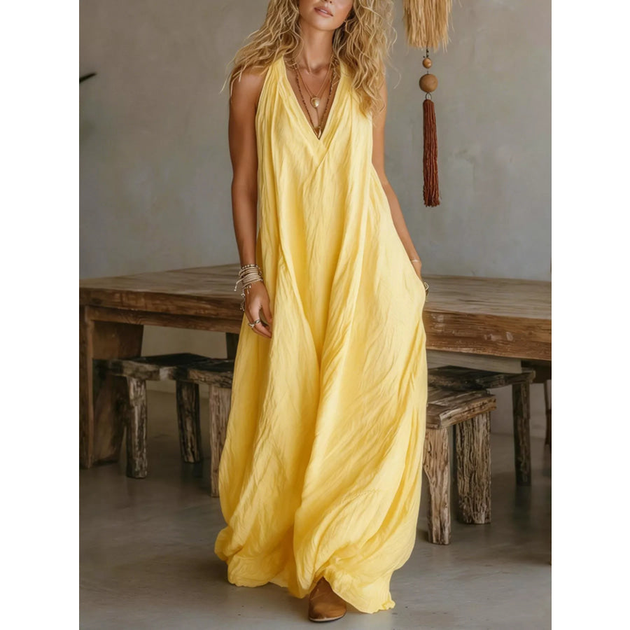 Full Size Sleeveless Flowy Maxi Dress Plus Size Yellow / S Apparel and Accessories