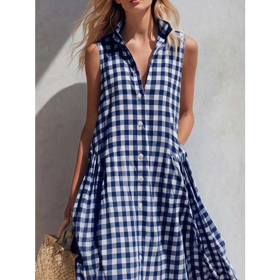 Full Size Sleeveless Gingham Button-Down Midi Dress Plus Size Apparel and Accessories