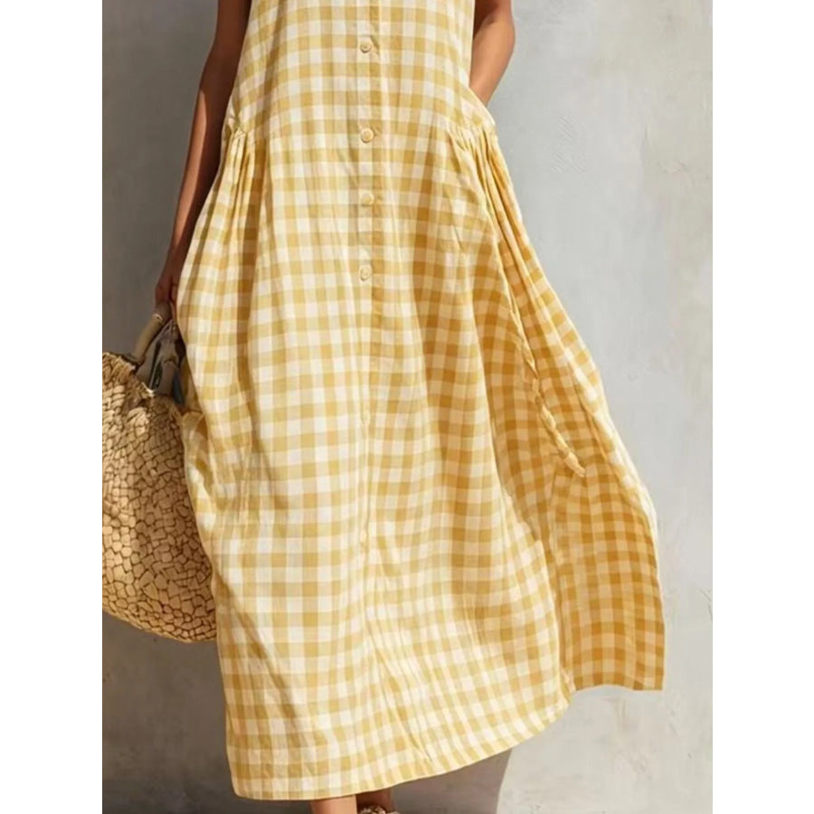 Full Size Sleeveless Gingham Button-Down Midi Dress Plus Size Apparel and Accessories