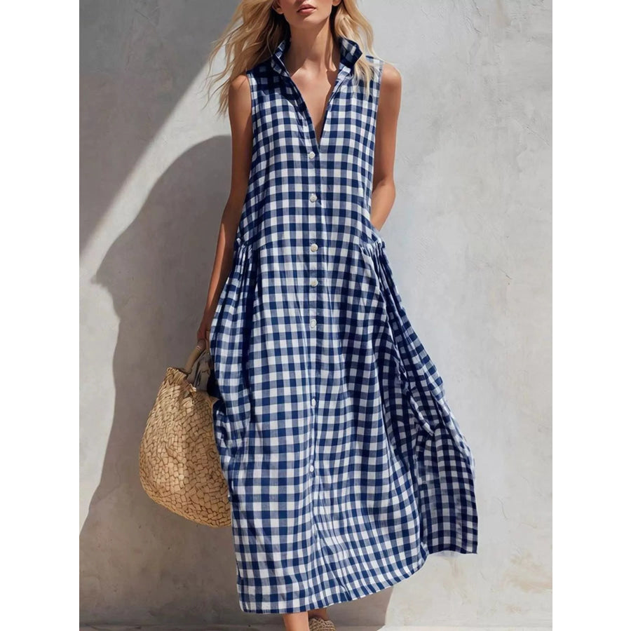Full Size Sleeveless Gingham Button-Down Midi Dress Plus Size Navy Blue / S Apparel and Accessories