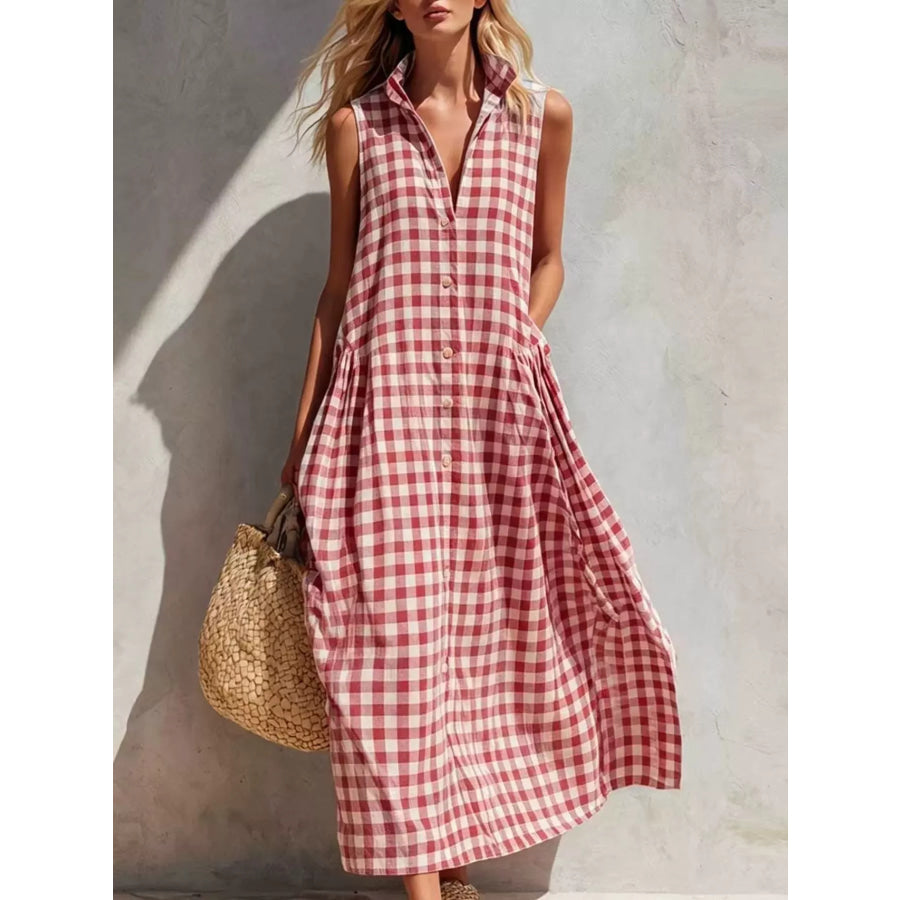 Full Size Sleeveless Gingham Button-Down Midi Dress Plus Size Red / S Apparel and Accessories