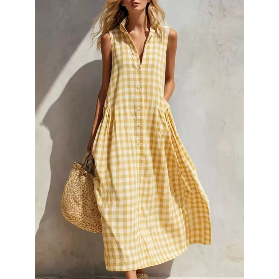 Full Size Sleeveless Gingham Button-Down Midi Dress Plus Size Yellow / S Apparel and Accessories
