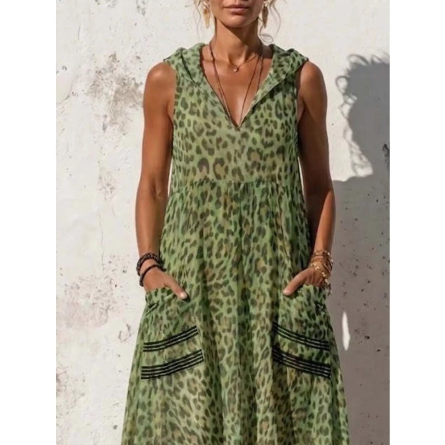 Full Size Sleeveless Hooded Leopard Print Maxi Dress with Pockets Plus Size Apparel and Accessories
