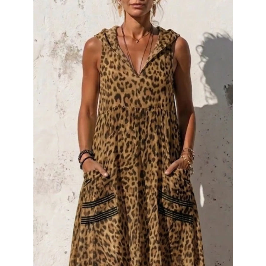 Full Size Sleeveless Hooded Leopard Print Maxi Dress with Pockets Plus Size Apparel and Accessories