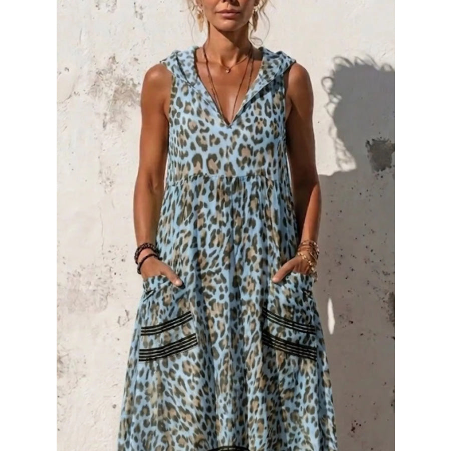 Full Size Sleeveless Hooded Leopard Print Maxi Dress with Pockets Plus Size Apparel and Accessories