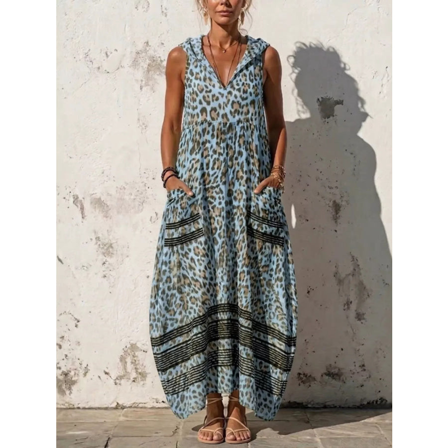 Full Size Sleeveless Hooded Leopard Print Maxi Dress with Pockets Plus Size Blue / S Apparel and Accessories