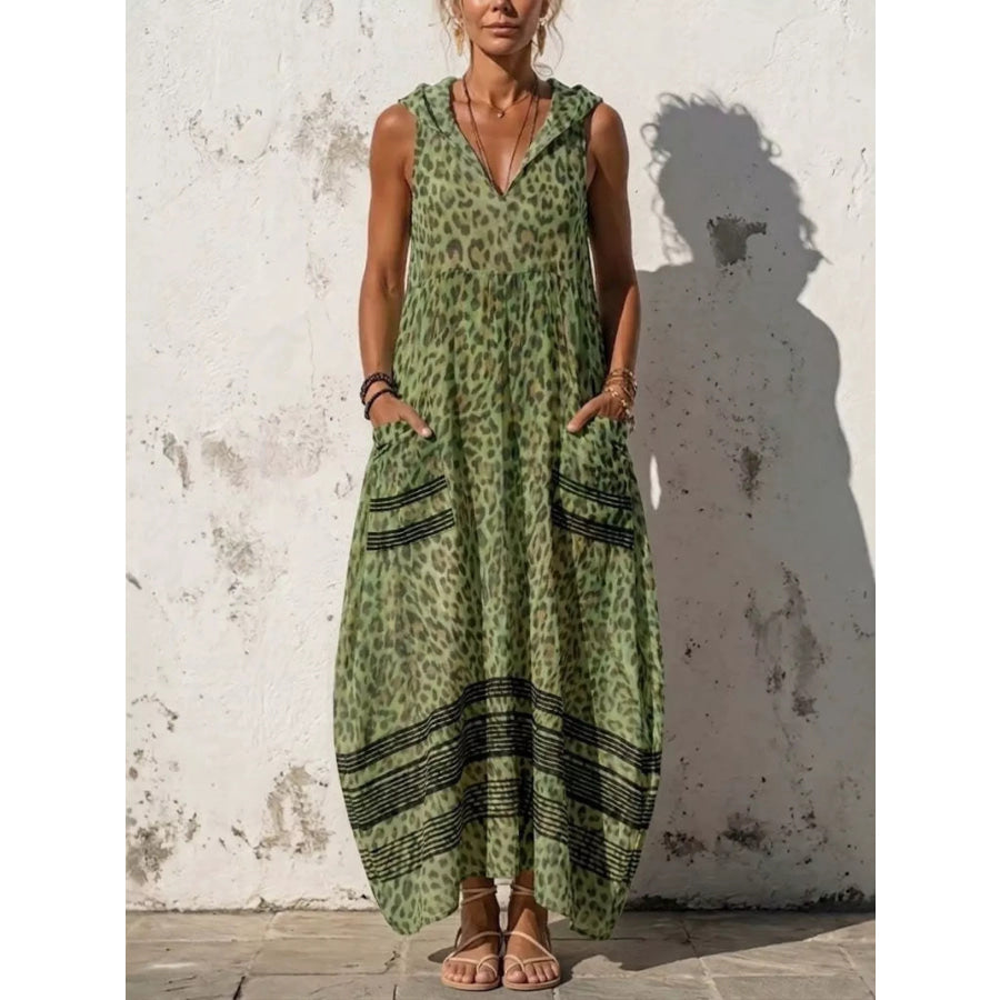 Full Size Sleeveless Hooded Leopard Print Maxi Dress with Pockets Plus Size Green / S Apparel and Accessories