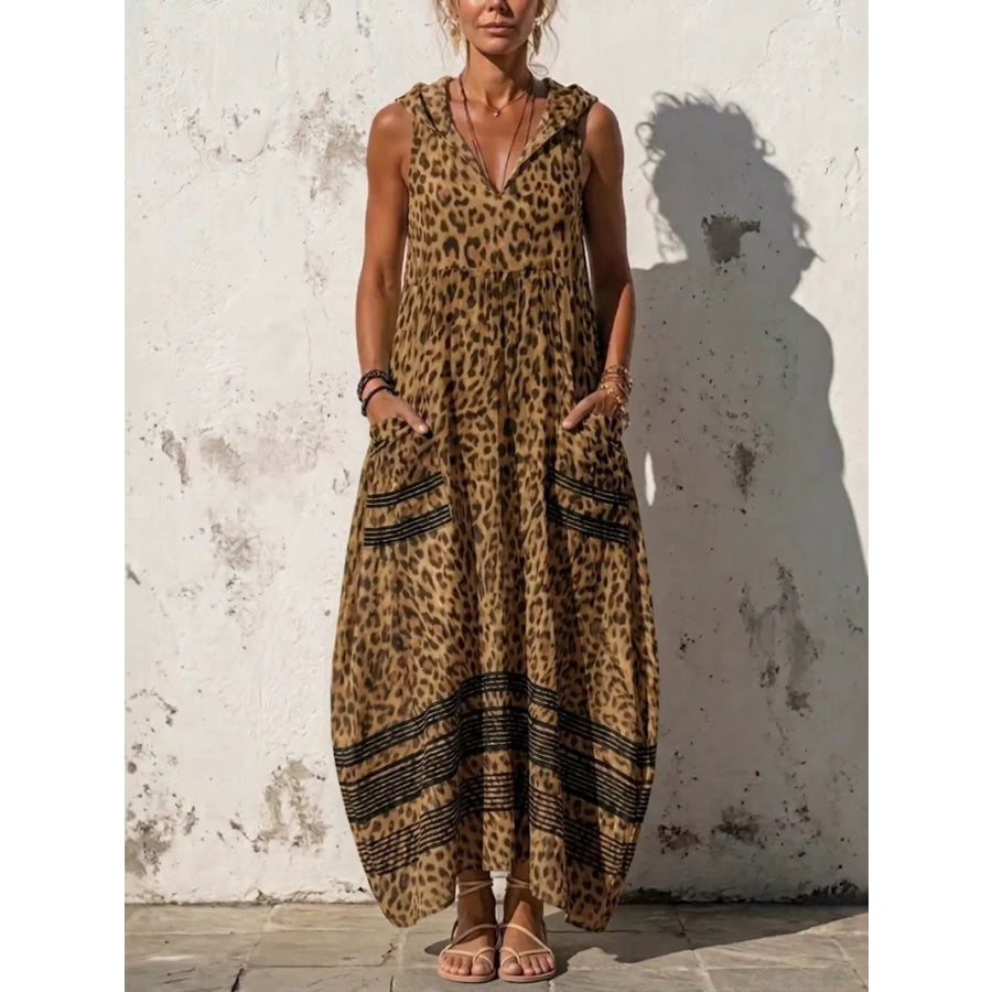 Full Size Sleeveless Hooded Leopard Print Maxi Dress with Pockets Plus Size Yellow / S Apparel and Accessories
